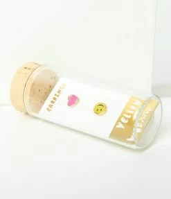 Yellow Owl Workshop Happy Face & Pink Heart Stud Earrings Jewelry
