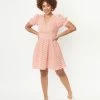 Unique Vintage Coral Stripe Smocked Flare Dress