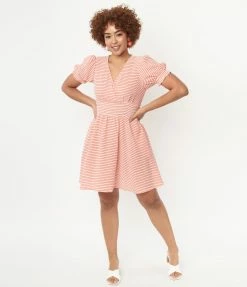 Unique Vintage Coral Stripe Smocked Flare Dress