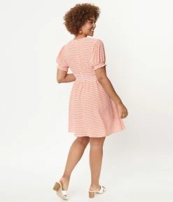 Unique Vintage Coral Stripe Smocked Flare Dress