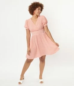 Unique Vintage Coral Stripe Smocked Flare Dress