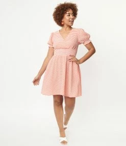 Unique Vintage Coral Stripe Smocked Flare Dress