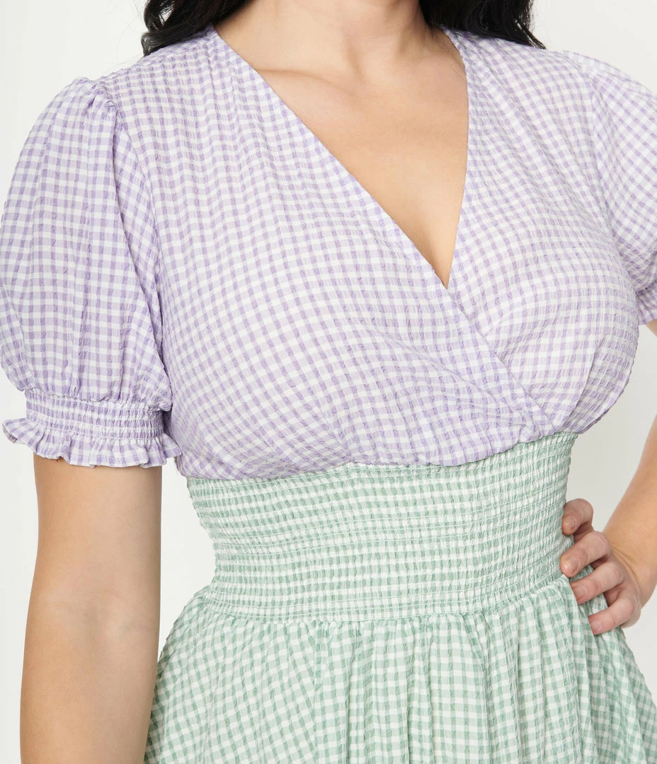 Unique Vintage Green & Purple Gingham Smocked Flare Dress