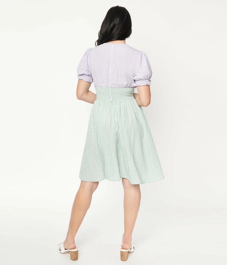Unique Vintage Green & Purple Gingham Smocked Flare Dress