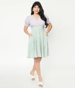 Unique Vintage Green & Purple Gingham Smocked Flare Dress