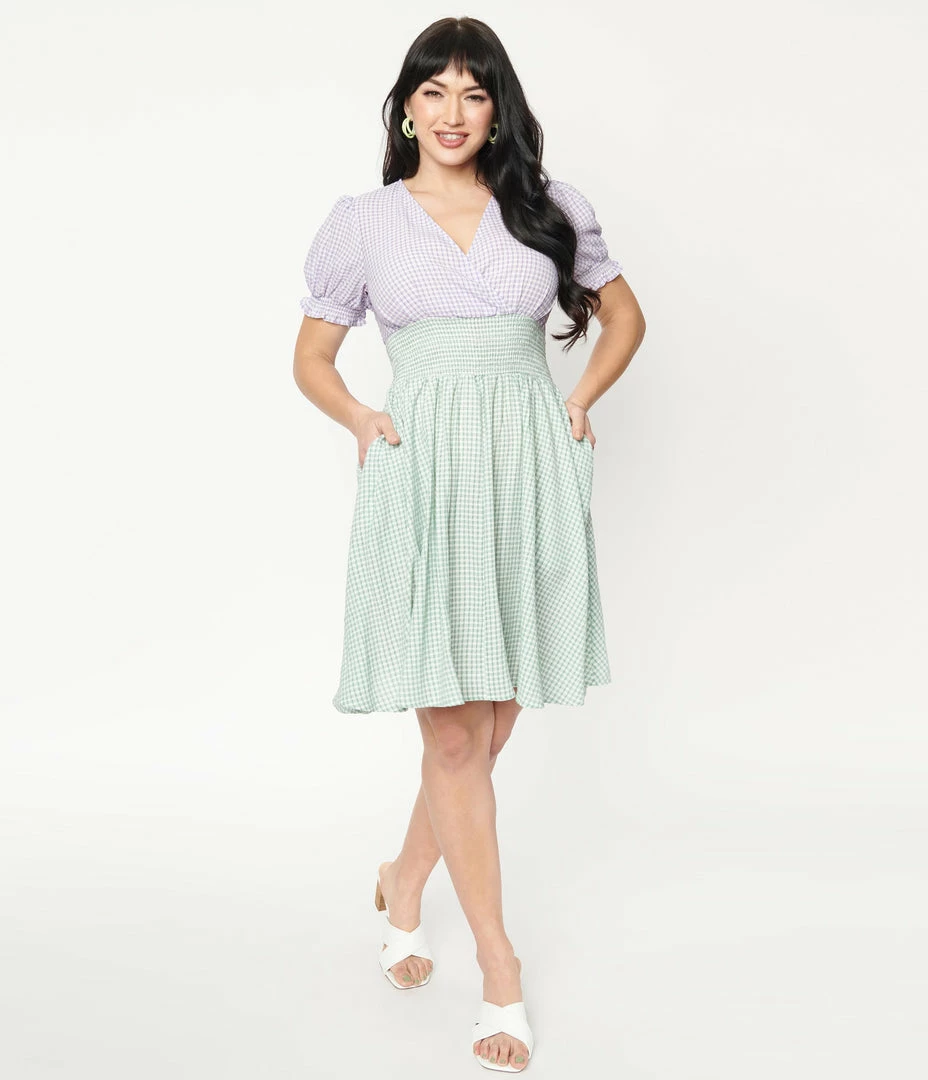 Unique Vintage Green & Purple Gingham Smocked Flare Dress