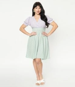 Unique Vintage Green & Purple Gingham Smocked Flare Dress