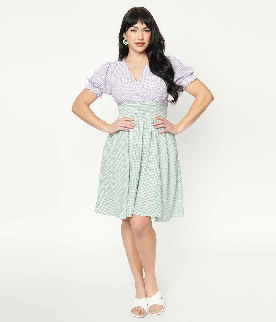 Unique Vintage Green & Purple Gingham Smocked Flare Dress