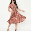 Sale Unique Vintage 1950s Rust & Taupe Floral Short Sleeve Delores Dress