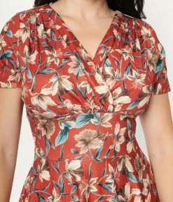 Sale Unique Vintage 1950s Rust & Taupe Floral Short Sleeve Delores Dress