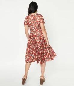 Sale Unique Vintage 1950s Rust & Taupe Floral Short Sleeve Delores Dress