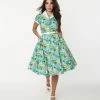 Unique Vintage 1950s Blue & Seaside Village Print Alexis Swing Dress