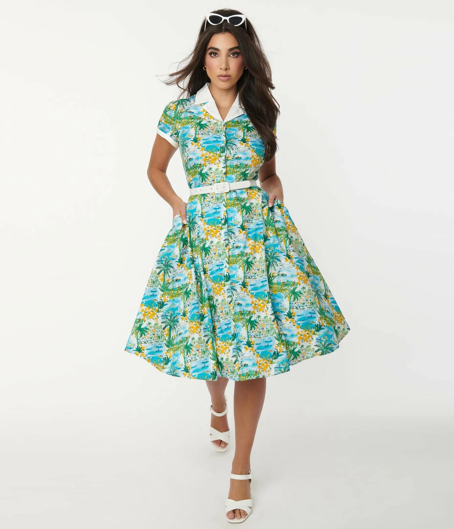Unique Vintage 1950s Blue & Seaside Village Print Alexis Swing Dress