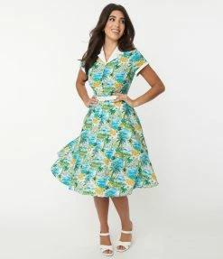 Unique Vintage 1950s Blue & Seaside Village Print Alexis Swing Dress