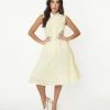 Sale Unique Vintage Yellow Gingham & White Daisies Darlene Swing Dress
