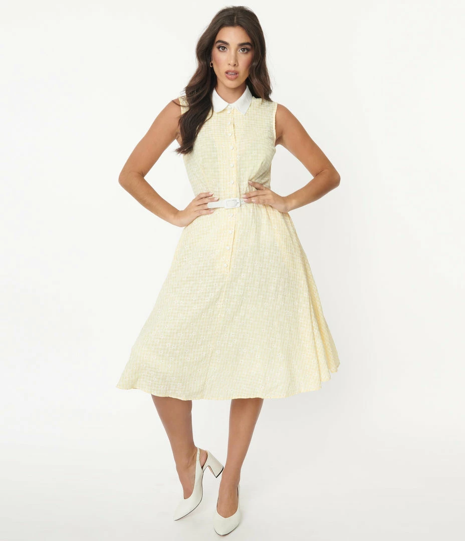 Sale Unique Vintage Yellow Gingham & White Daisies Darlene Swing Dress