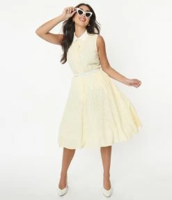 Sale Unique Vintage Yellow Gingham & White Daisies Darlene Swing Dress