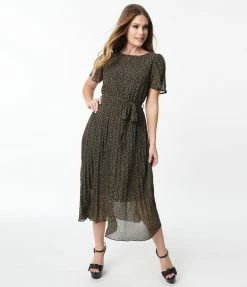 Polagram (Well Made) Black & Ivory Ditsy Leaf Midi Dress