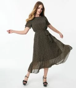 Polagram (Well Made) Black & Ivory Ditsy Leaf Midi Dress