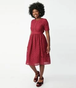 Polagram (Well Made) Sale Burgundy Floral Lace Swing Dress