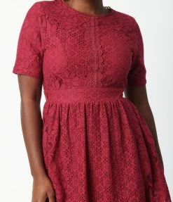 Polagram (Well Made) Sale Burgundy Floral Lace Swing Dress