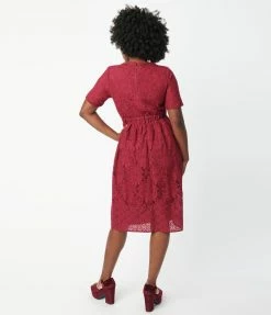 Polagram (Well Made) Sale Burgundy Floral Lace Swing Dress