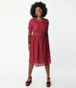 Polagram (Well Made) Sale Burgundy Floral Lace Swing Dress