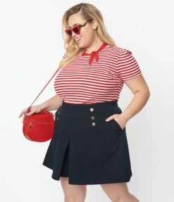 Unique Vintage Plus Size 1950s Red & White Stripe Bow Sweetie Knit Top