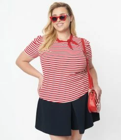 Unique Vintage Plus Size 1950s Red & White Stripe Bow Sweetie Knit Top