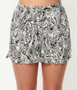 Unique Vintage Black & White Botanical Paisley Ruffle Shorts Sale