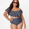 Unique Vintage Plus Size Navy & White Polka Dot Ruffled Ramona Swim Top