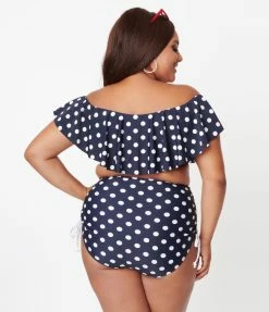 Unique Vintage Plus Size Navy & White Polka Dot Ruffled Ramona Swim Top