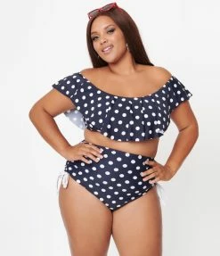 Unique Vintage Plus Size Navy & White Polka Dot Ruffled Ramona Swim Top