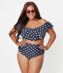 Unique Vintage Plus Size Navy & White Polka Dot Ruffled Ramona Swim Top