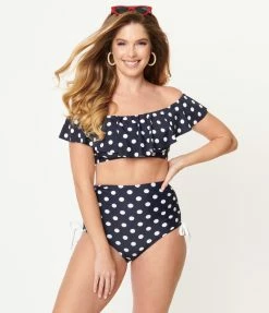Unique Vintage Navy & White Polka Dot Ruffled Ramona Swim Top Swimwear