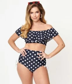 Unique Vintage Navy & White Polka Dot Ruffled Ramona Swim Top Swimwear
