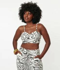 LuxyUSA Black & White Swirl Print Crop Top Sale