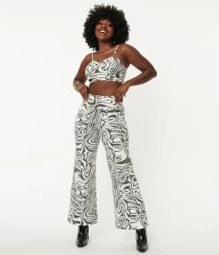 LuxyUSA Black & White Swirl Print Wide Leg Pants