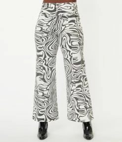 LuxyUSA Black & White Swirl Print Wide Leg Pants