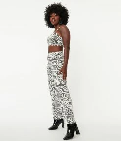 LuxyUSA Black & White Swirl Print Wide Leg Pants