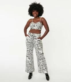LuxyUSA Black & White Swirl Print Wide Leg Pants