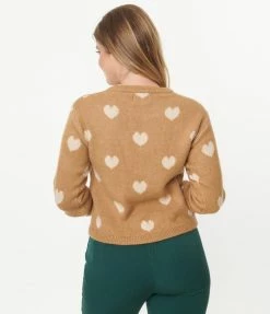 LUSH Tan & Cream Heart Button Down Cardigan Sale