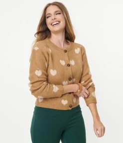 LUSH Tan & Cream Heart Button Down Cardigan Sale