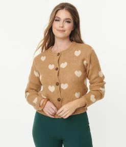 LUSH Tan & Cream Heart Button Down Cardigan Sale