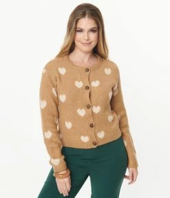 LUSH Tan & Cream Heart Button Down Cardigan Sale