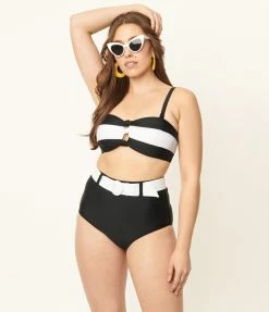 Unique Vintage Black & White Stripe Knot So Fast Swim Top