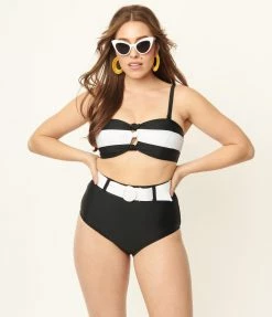 Unique Vintage Black & White Stripe Knot So Fast Swim Top