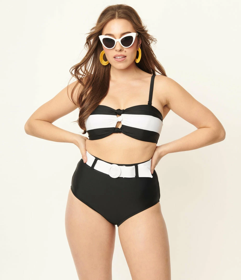 Unique Vintage Black & White Stripe Knot So Fast Swim Top
