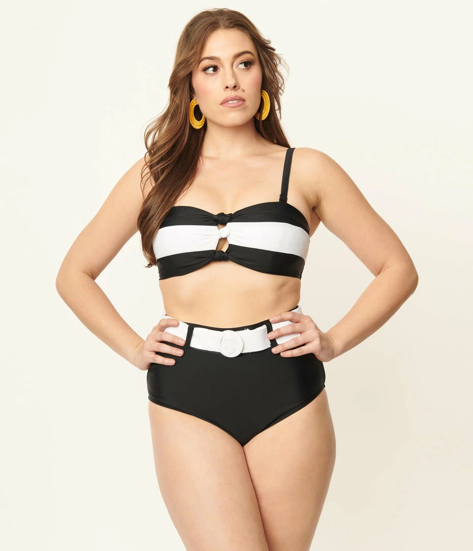Unique Vintage Black & White Stripe Knot So Fast Swim Top