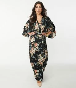 Aakaa Black & Blue Floral Maxi Wrap Dress